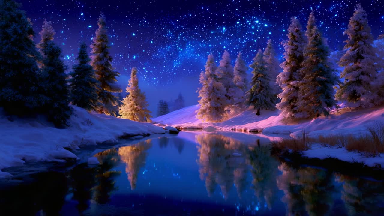 A Tranquil Winter Landscape at Night Captured in Glimmering Reflections, Featuring Snow-Covered Pine Trees and a Serene Stream Beneath a Starry Sky with Illuminated Frost and Moonlight Glowing Around