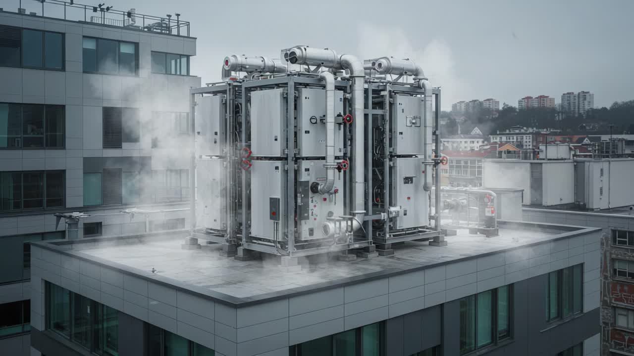 Aerial View of Industrial Equipment on Rooftop with Steam Emission, Highlighting Modern Architecture and Urban Infrastructure in Overcast Weather