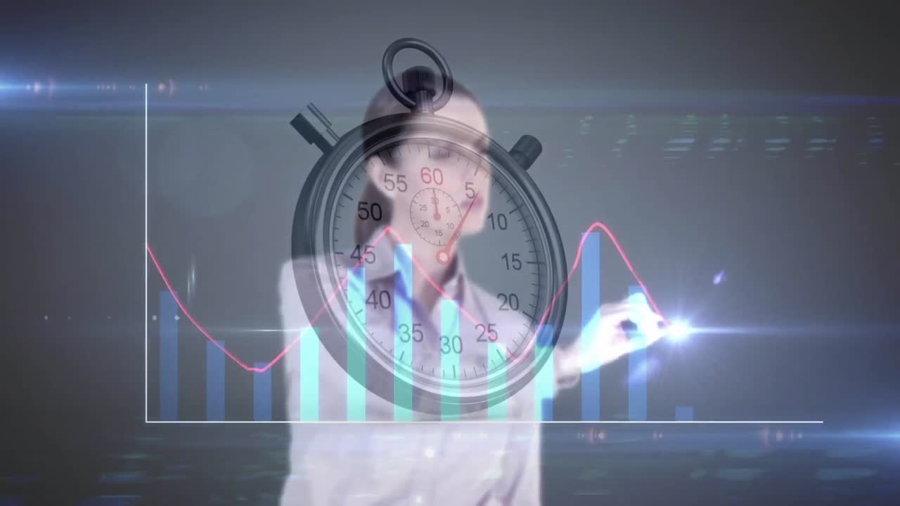 사업가 여성과 스토프워치와 함께 통계의 애니메이션