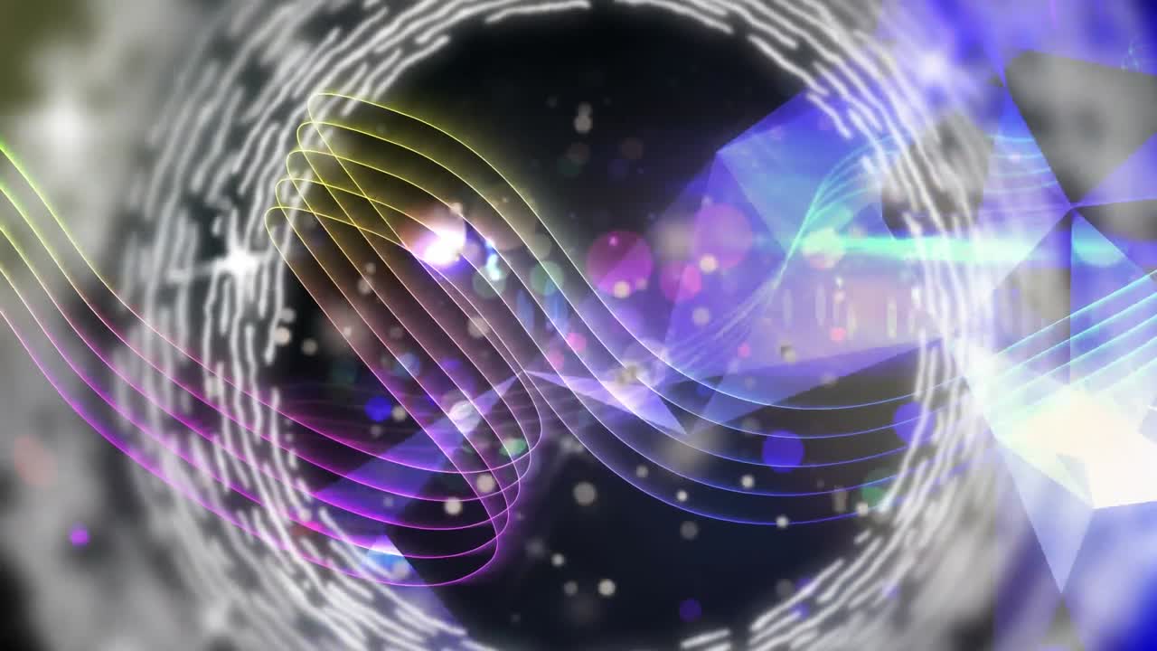 анимация белых колец, многоцветной музыки, огней и фиолетовых фигур на черном фоне