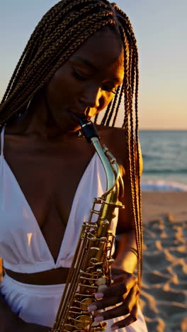 woman playing saxophone on the beach at sunset
