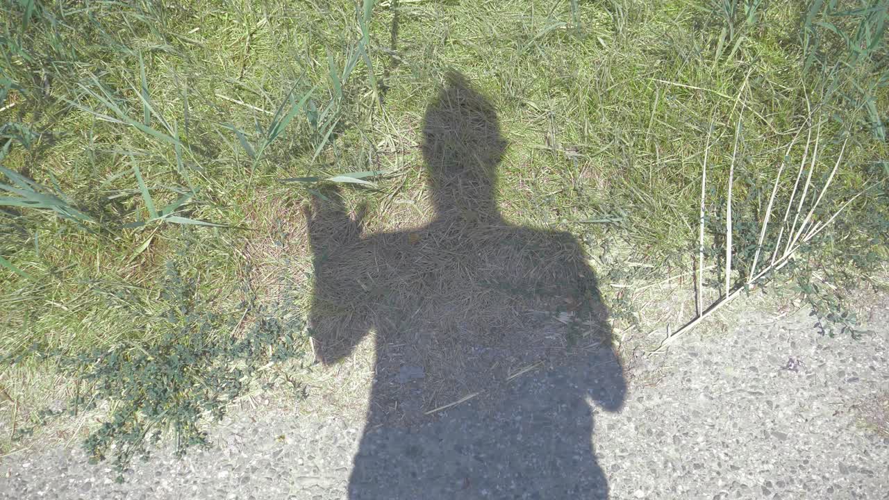 콘크리트 경로와 잔디에 손을 흔드는 남자의 그림자