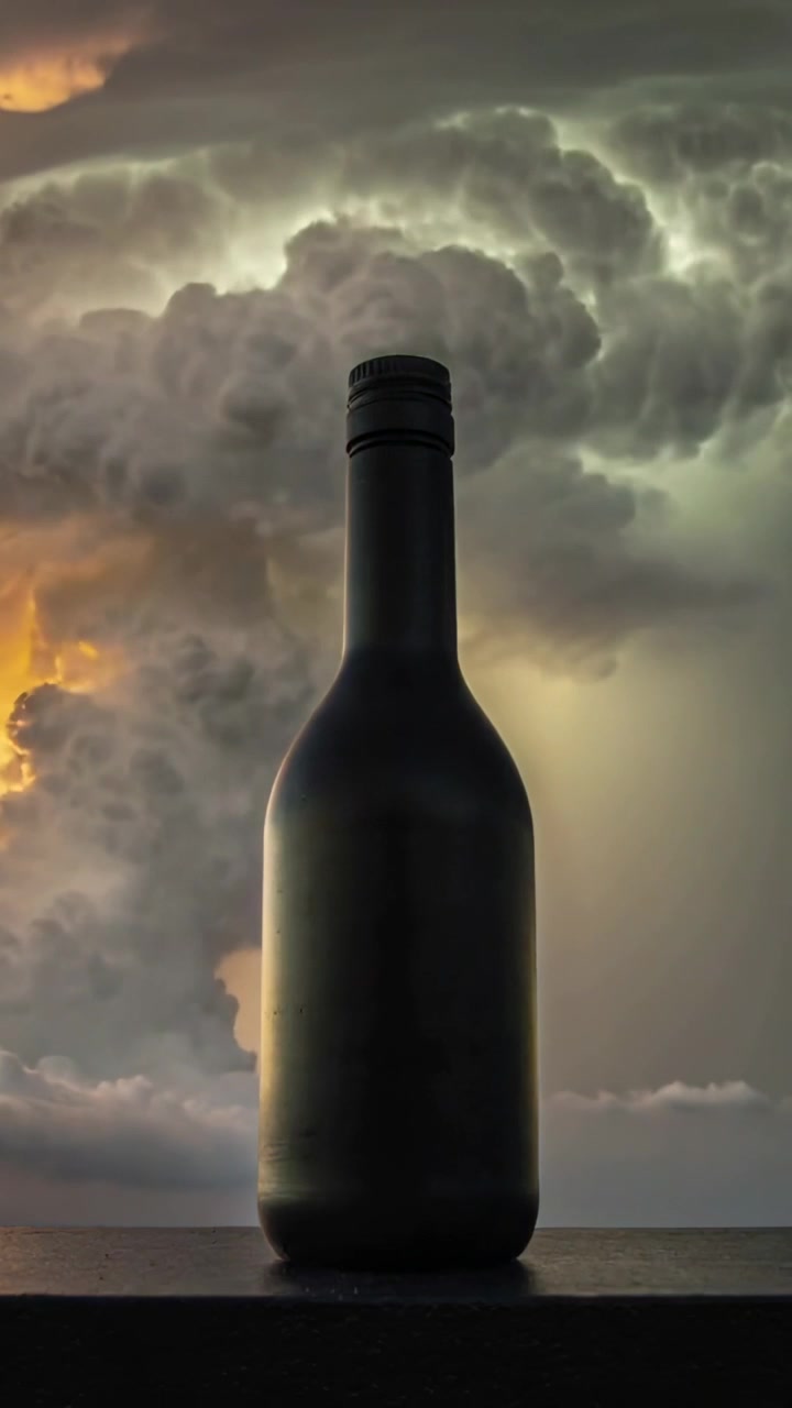 Video vertical: Nubes de tormenta en movimiento proyectando un sol cálido sobre el horizonte marino, con una botella oscura reflejando la luz.