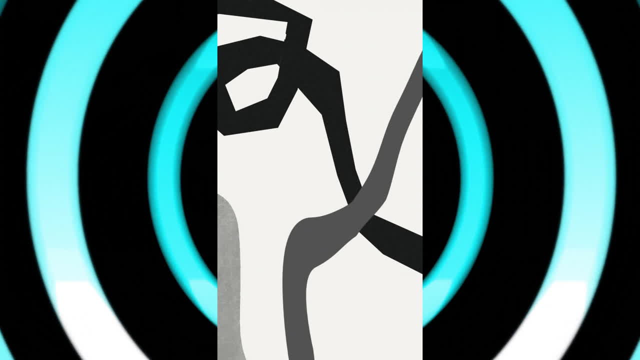 Animation of black shapes over colourful circles on black background