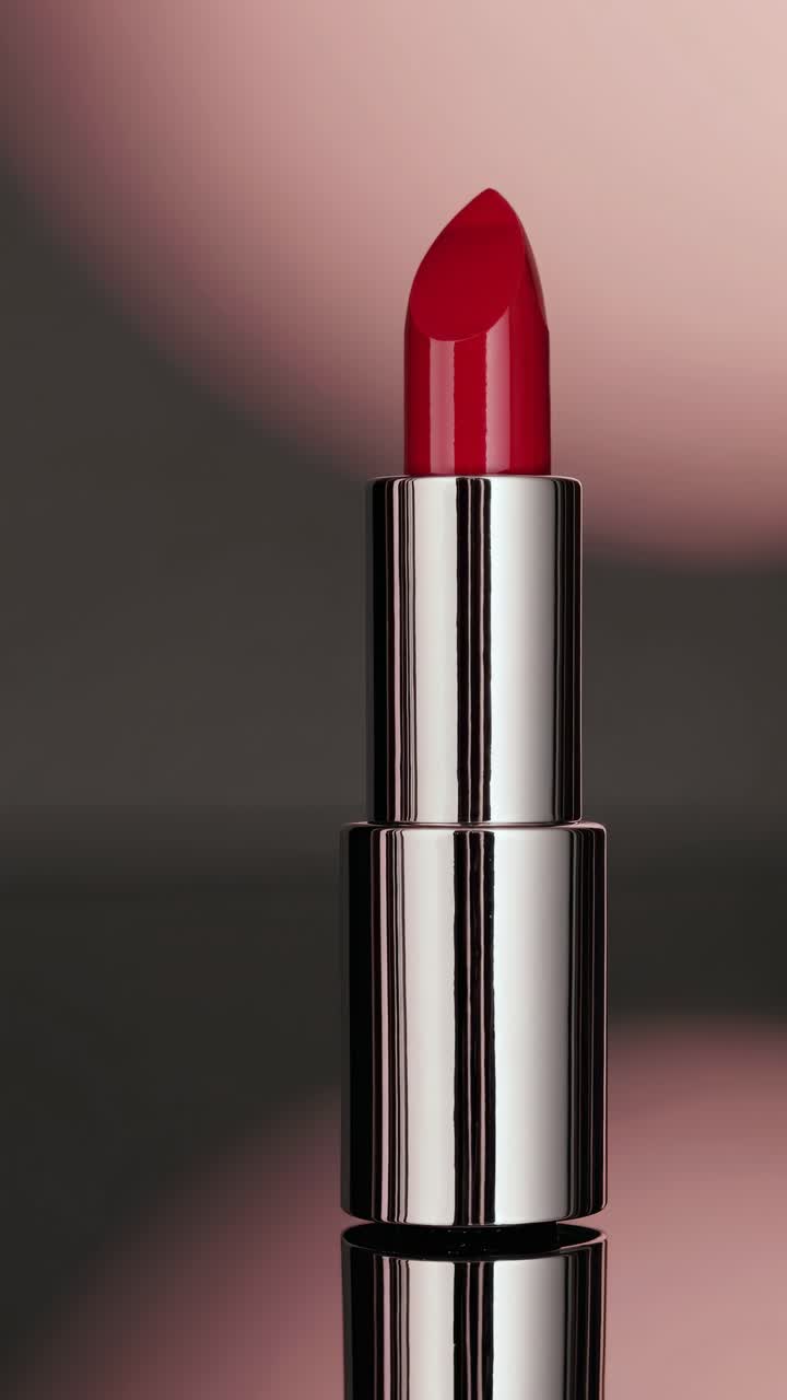 Close-up of a red lipstick with a reflective surface, shot from a low angle