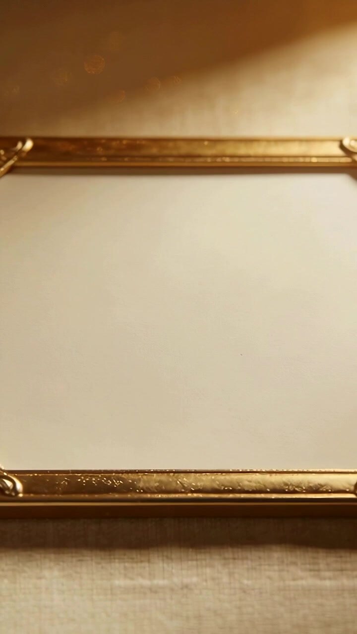 Vertikales Video: Ein goldener Rahmen wird zu Hause gezeigt, während die Kamera schwenkt, um ein leeres cremefarbenes Passepartout und die Ecken zu enthüllen