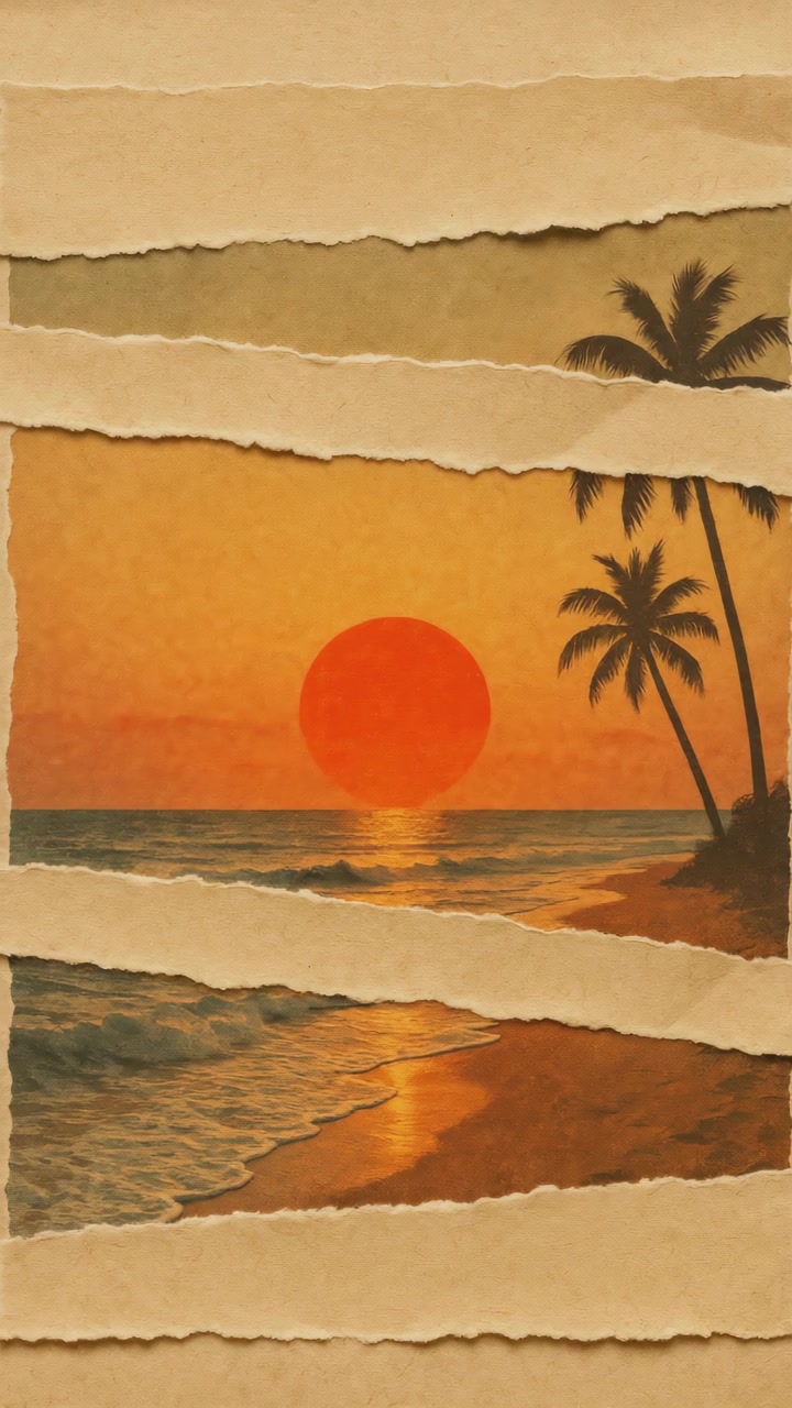 Collage vintage di tramonto su spiaggia tropicale con palme
