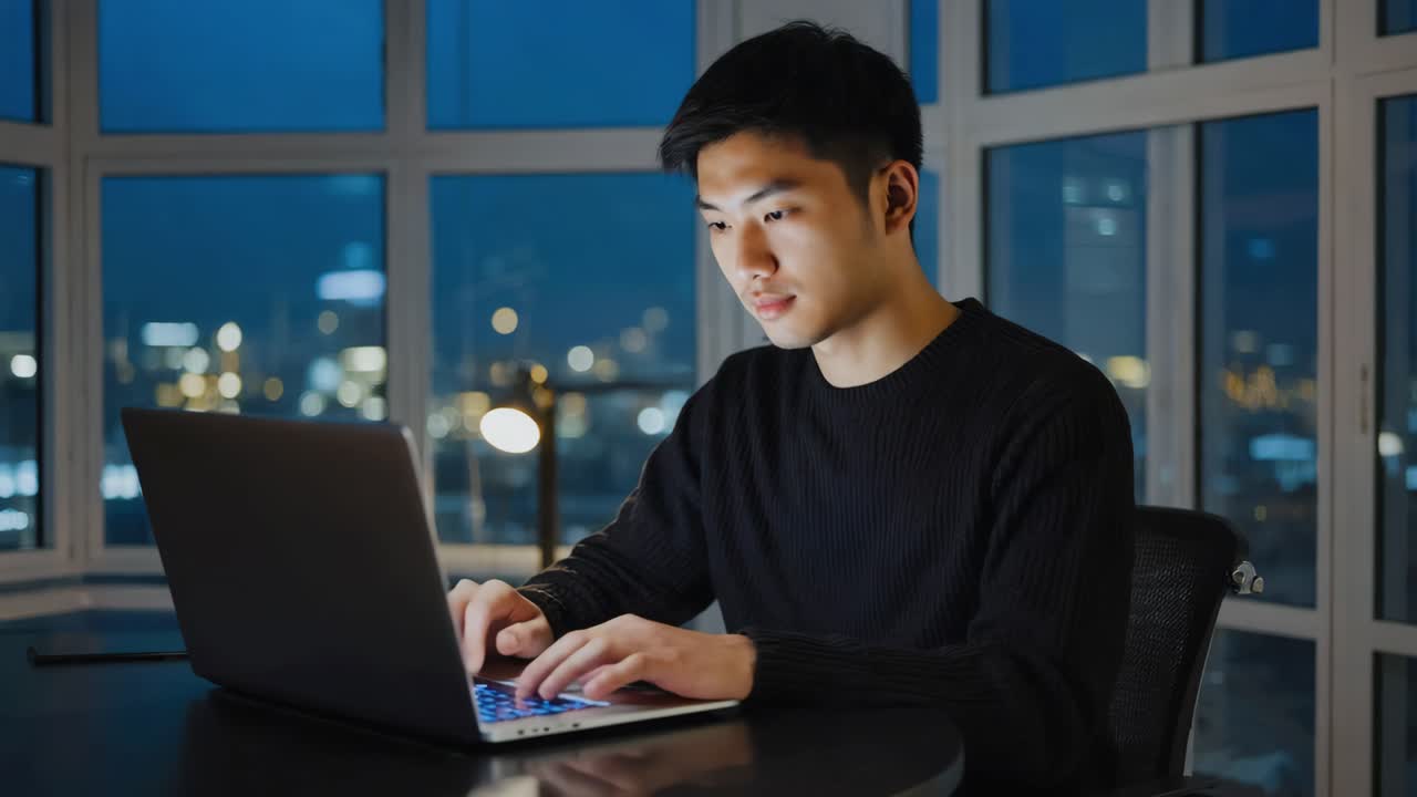 밤에 노트북에서 일하는 남자