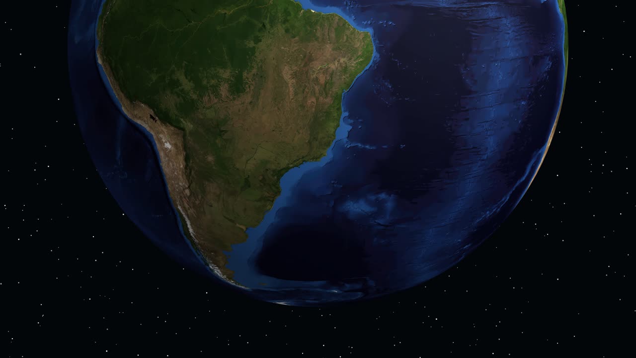 Animazione digitale che zooma dallo spazio verso il Sud America, evidenziando Rosario con un pannello dati