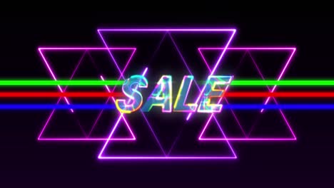 Animation-of-sale-text-in-glowing-colourful-letters-over-neon-lines-and-triangles