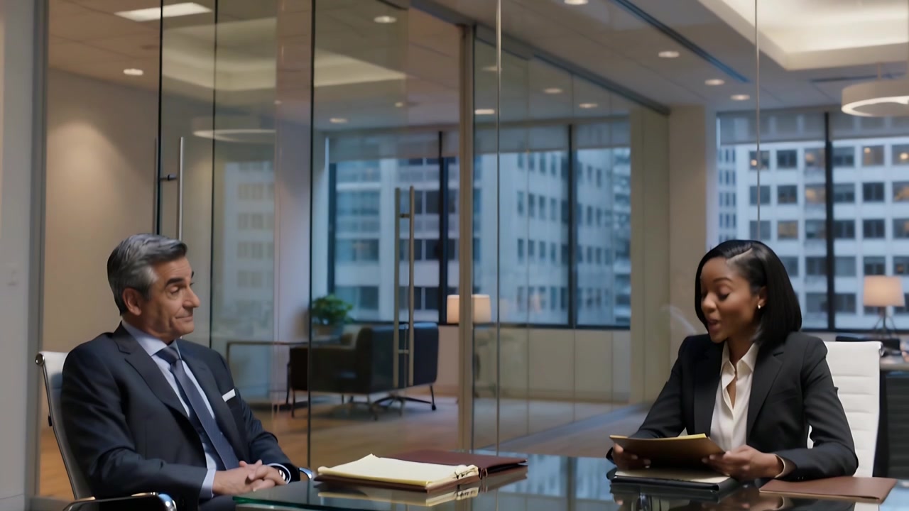 Panning camera revealing suited man listening, blazer woman consulting folder in glass meeting room