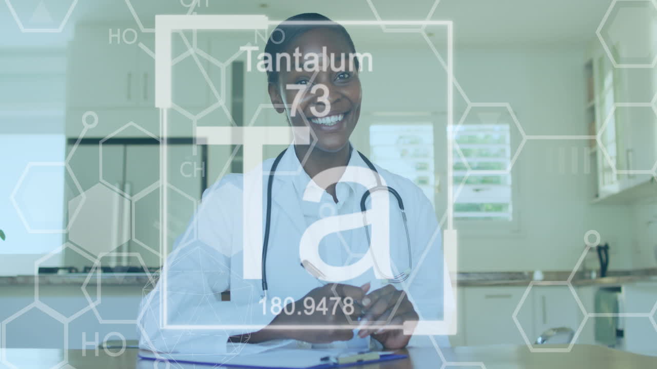 Animation of chemical compounds data over smiling african american female doctor in hospital