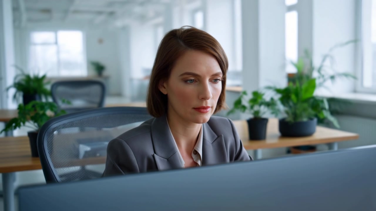 Eine sitzende Frau blinzelt und lässt ihren Blick über den Computerbildschirm schweifen, während die Kamera zurückfährt und einen Bürostuhl aus Netzstoff, blättrige Pflanzen und hölzerne Arbeitstische enthüllt, die von weichem Fensterlicht beleuchtet werden