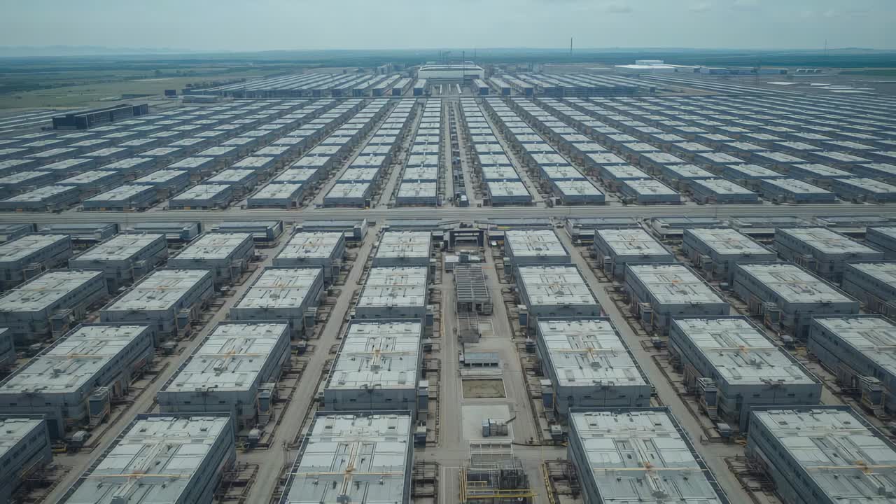 Starting aerial camera gliding down central service road over warehouse grid revealing HVAC units
