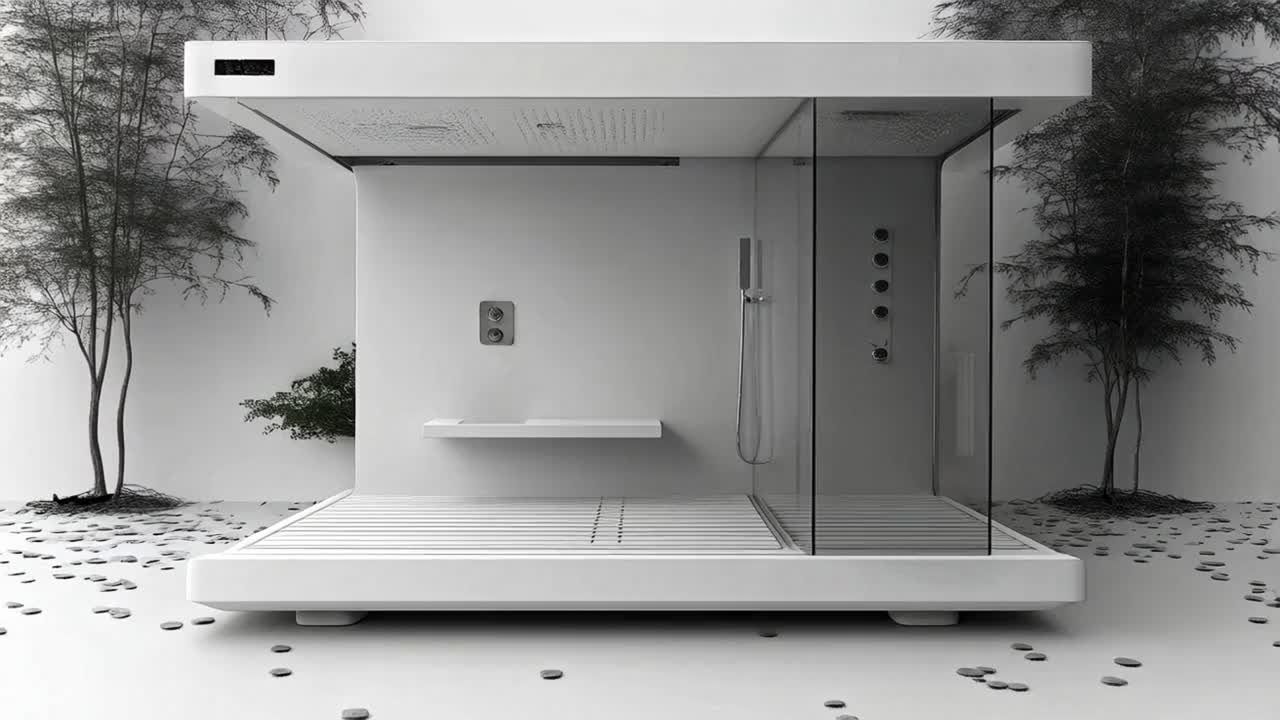 Modern Outdoor Shower with Minimalist Design and Bamboo Trees