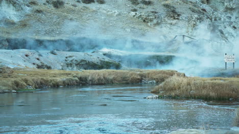 steam from natural hot spring, travel destination, hot creek geological site, pan