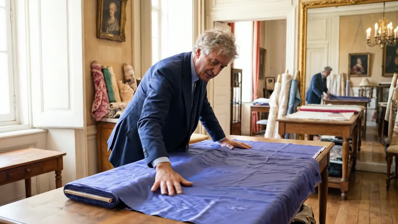 Profesjonell mann som inspiserer lilla brodert stoff i et tradisjonelt verksted