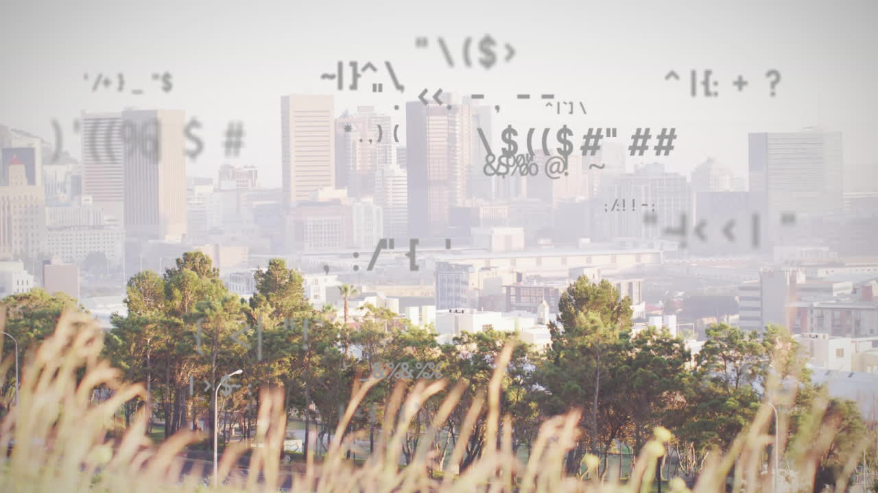 현대 도시 풍경 위의 데이터 처리 애니메이션