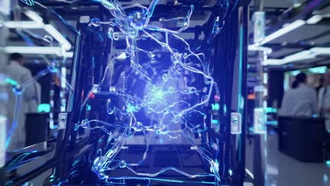 Futuristic video concept with a close-up angle of glowing blue and silver wires in a server room