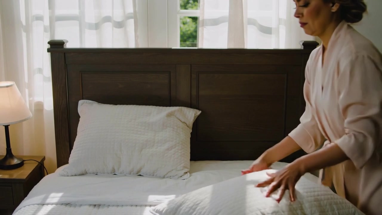 Wanita berjubah mengangkat dan merapikan bantal, menatanya di ranjang ukuran queen, merapikan tempat tidur, dengan ruang kosong.