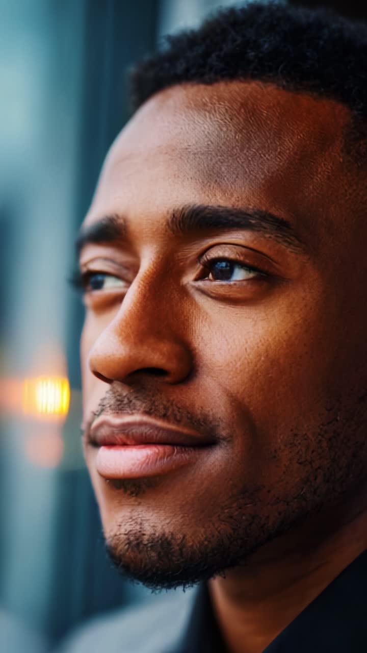 Un moment de réflexion : portrait en gros plan d’un homme pensif, songeur, avec une expression calme et une lumière de fond chaleureuse dans les images d’une vidéo