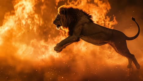 lion jumping through fiery skies