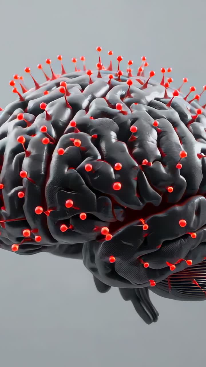 Vertical video: Orbiting camera revealing 3D brain in studio, highlighting red nodes, brainstem