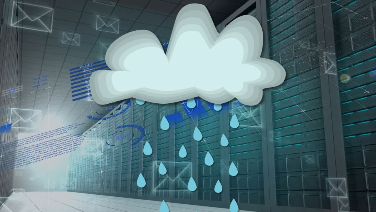 Animation of cloud with rain icon and data processing over server room