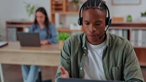 black man, call center and laptop with headset