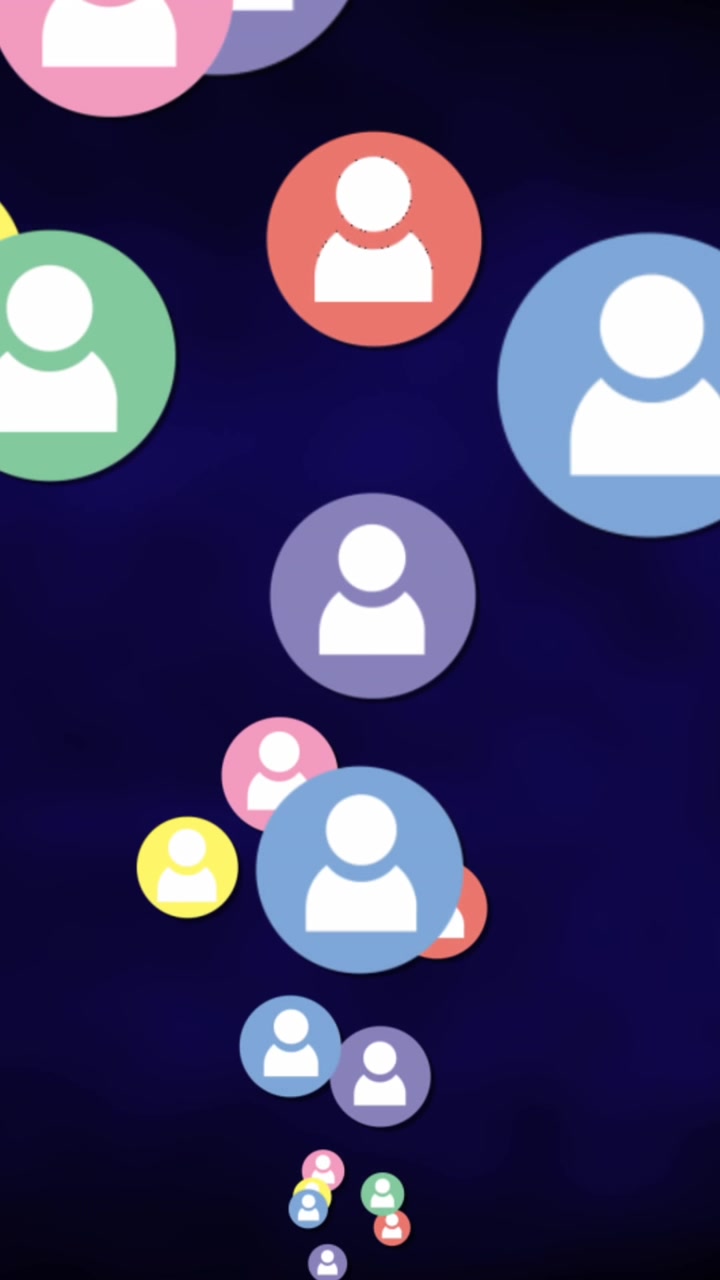 Animation of multiple colorful profile icons floating against blue background