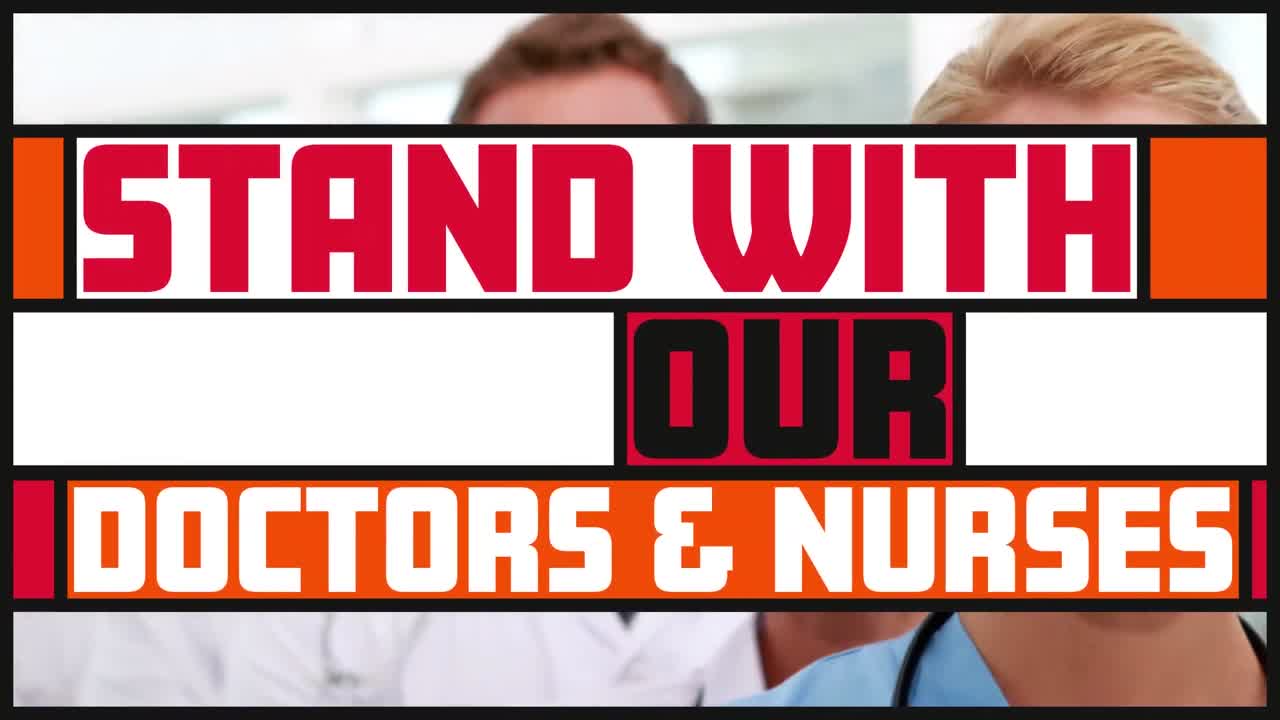 백인 의사 들 의 집단 위 에 있는 다채로운 배너 에 있는 텍스트 의 애니메이션