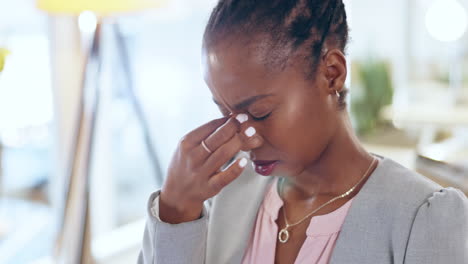 black woman, headache and pain in business office