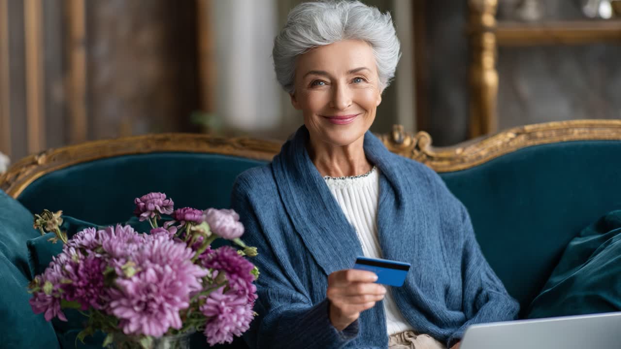 An Elegant Senior Woman Smiling While Holding a Credit Card and Using a Laptop Surrounded by Blossoming Flowers in a Cozy Indoor Setting
