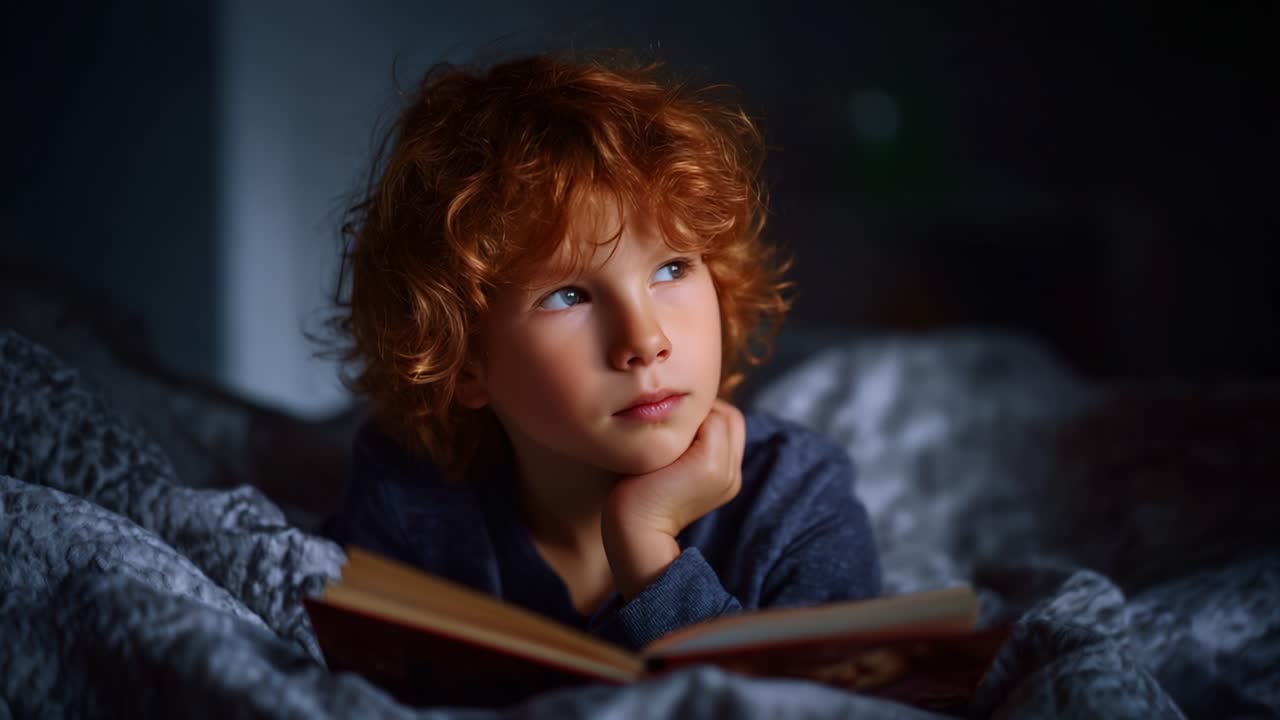 Et eftertænksomt, ungt barn fortabt i sin fantasi, mens det læser en bog i en hyggelig seng under blød belysning, der fanger et øjeblik af forundring og nysgerrighed