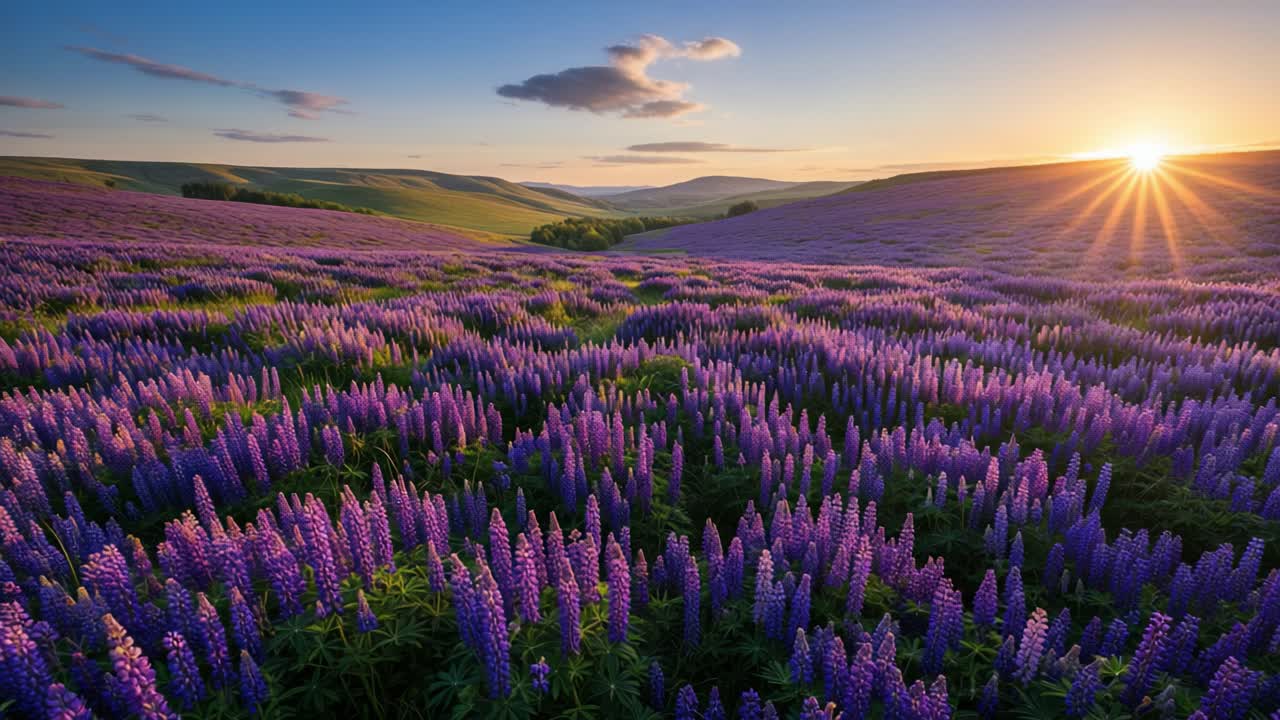 A breathtaking sunrise illuminates a vast field of vibrant purple lupins, creating a stunning landscape of natural beauty and tranquility in the heart of blooming flowers