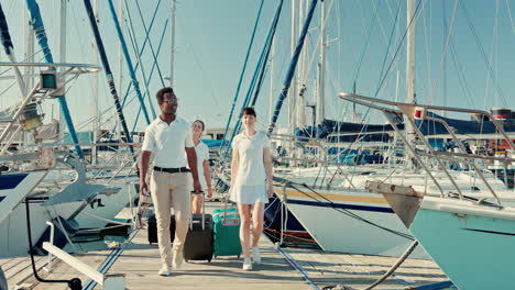 boat port, suitcase and people walking to travel