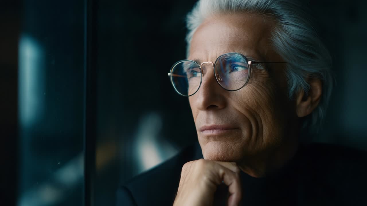 A Thoughtful Reflection: A Close-up Portrait of an Elderly Man with Silver Hair and Glasses, Gazing Intently Out a Window, Capturing a Moment of Contemplation and Wisdom in a Serene Environment