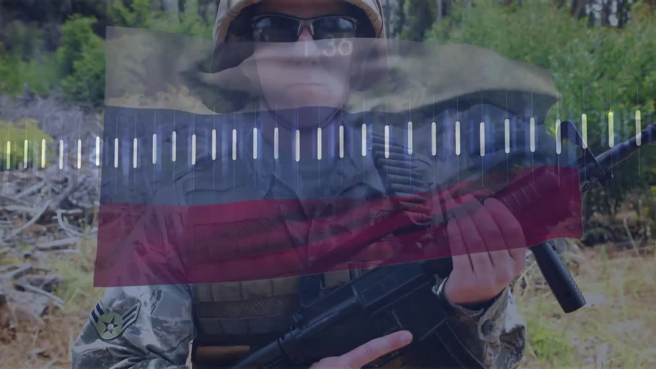 анимация обработки данных над флагом россии и кавказским солдатом