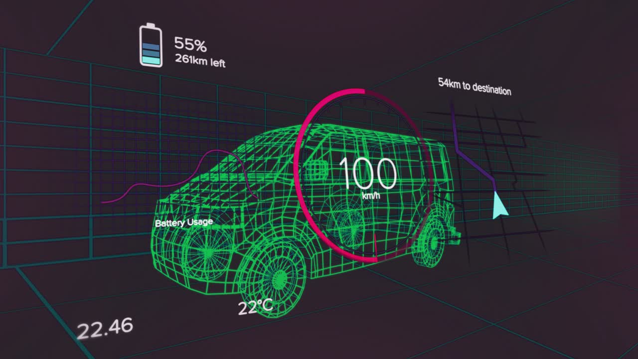 On start green wireframe EV model accelerating then slowing through gauge for telemetry display