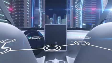 Animation of futuristic car interior with digital interface showing cityscape