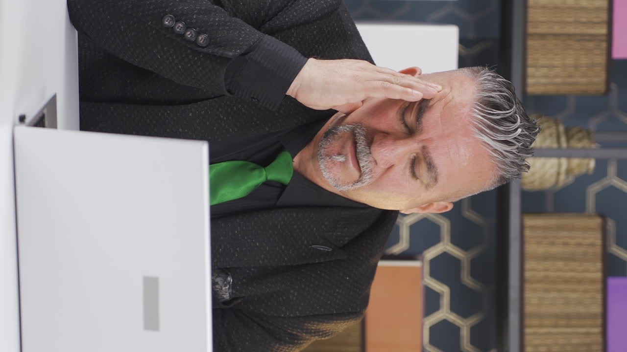 지루한 사업가가가 카메라를 쳐다보고 탄식하는 수직 비디오.