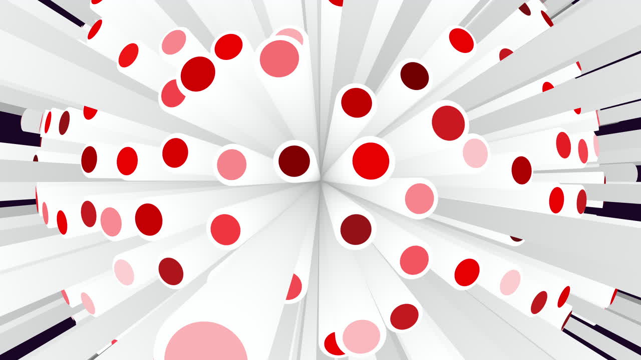 Dynamic abstract of white cylindrical tubes with red and pink dots radiating from a central vanishing point, creating modern 3D motion background ideal for technology, science and creative projects