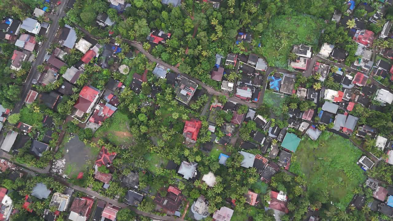 Cinematic flight over dense greenery with scattered white houses