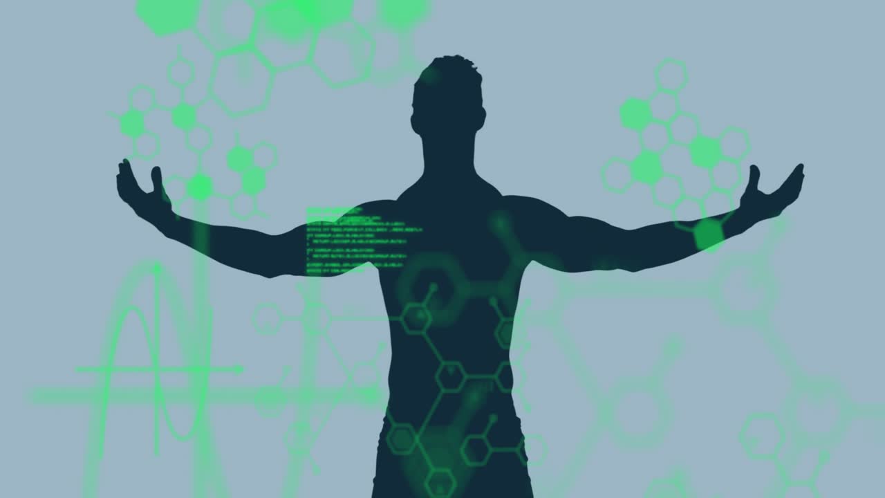 Person with arms outstretched over scientific data and hexagonal patterns animation