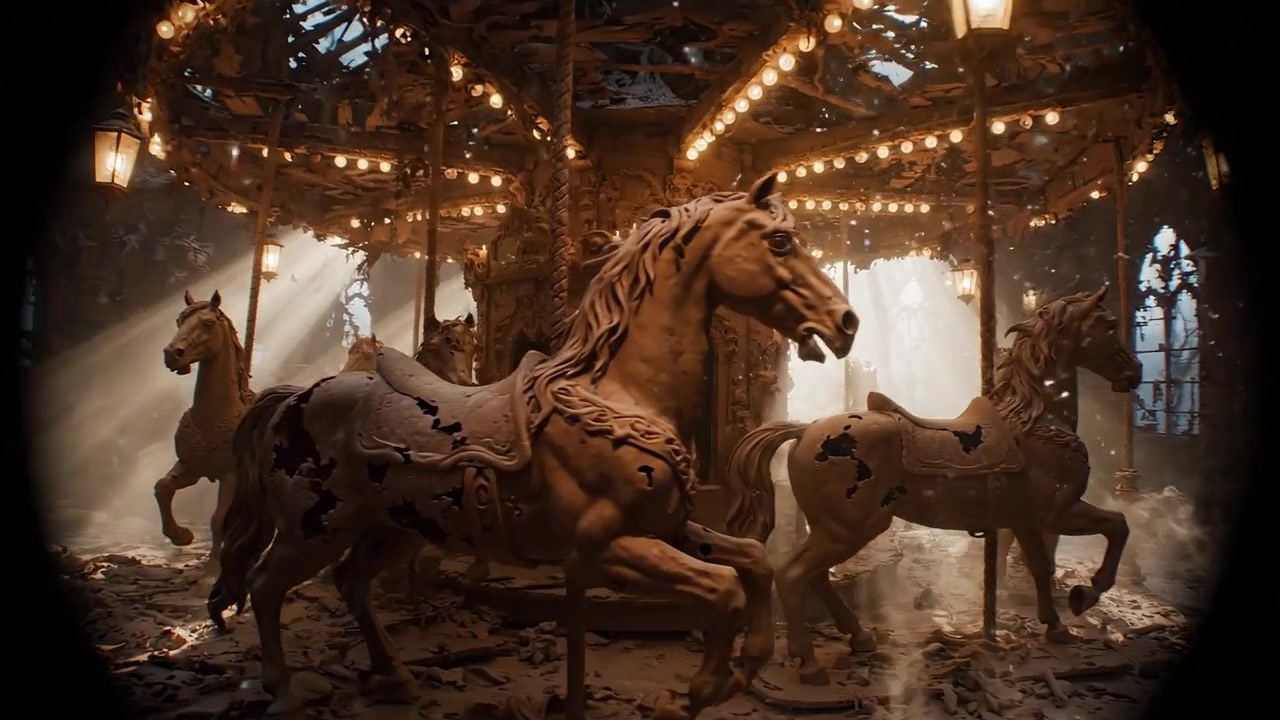 Mystical Carousel with Vintage Horses Illuminated by Soft Lights in a Dreamlike Forest Setting, Evoking Nostalgia and Whimsy Amidst Atmospheric Shadows.