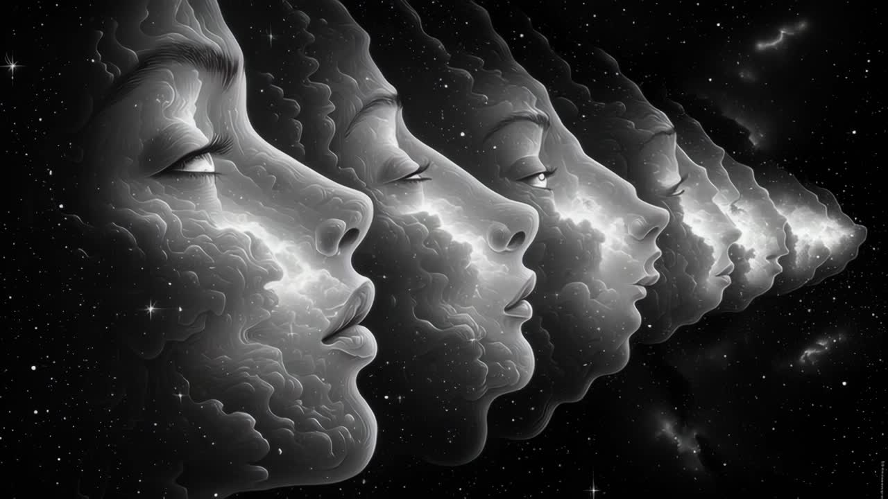 Tranquil woman - black and white portrait with swirling clouds