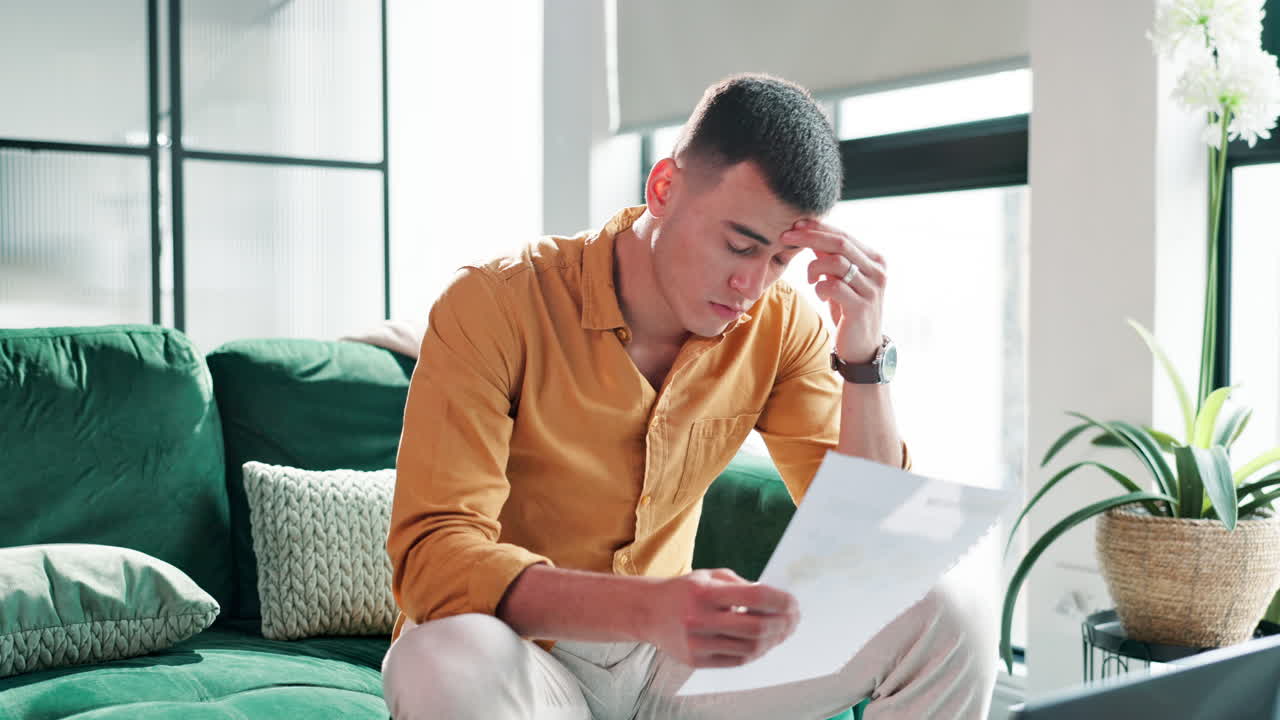Worried man reading documents at home