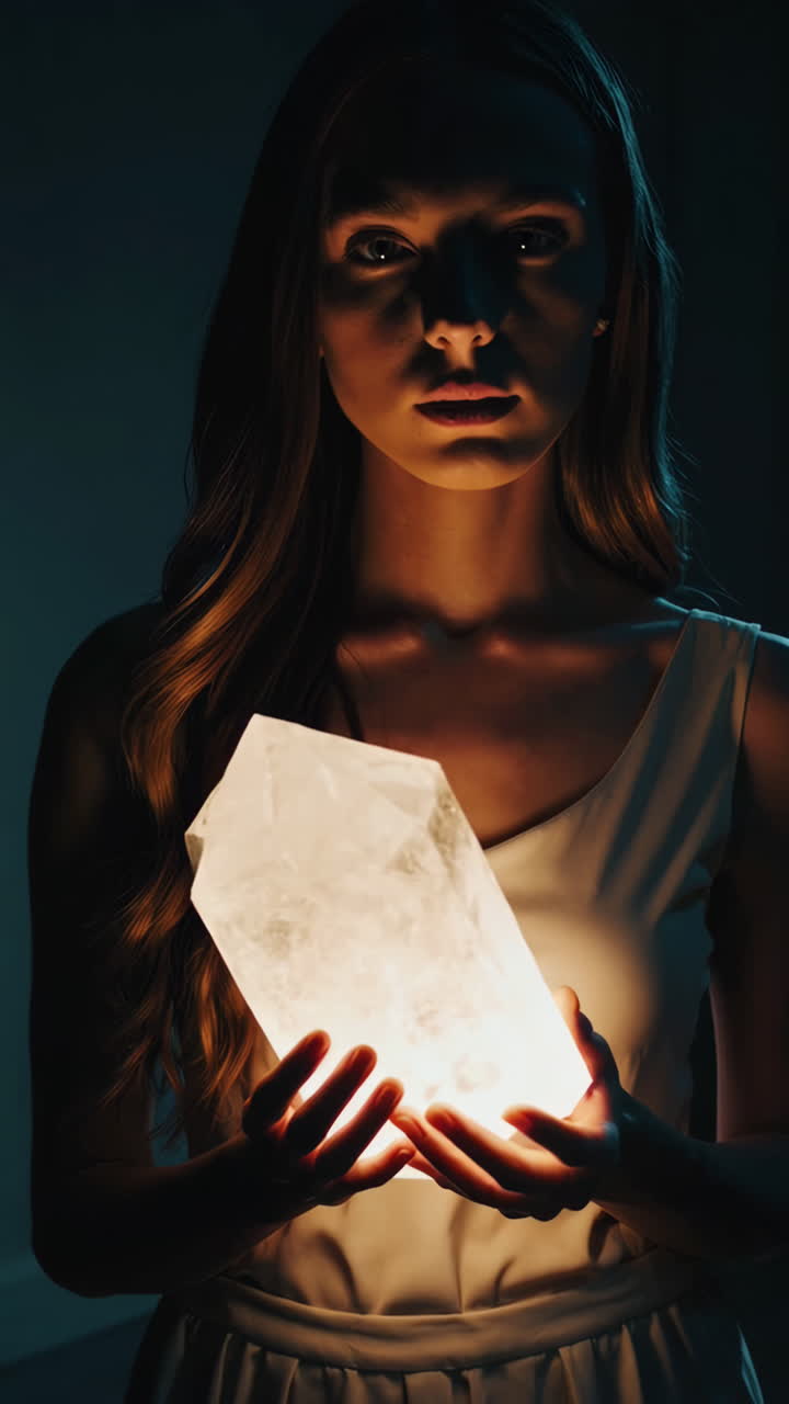 Woman Holding a Glowing Crystal