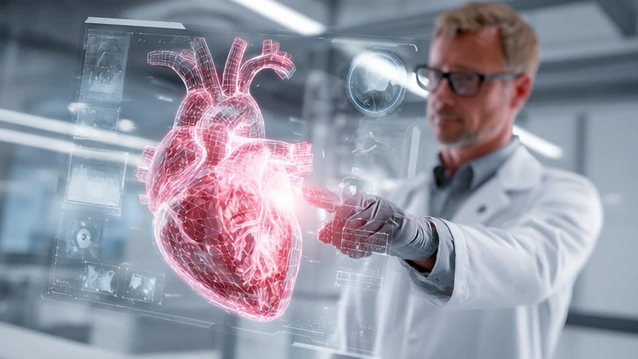 Læge analyserer 3D-hologram af menneskets hjerteanatomi
