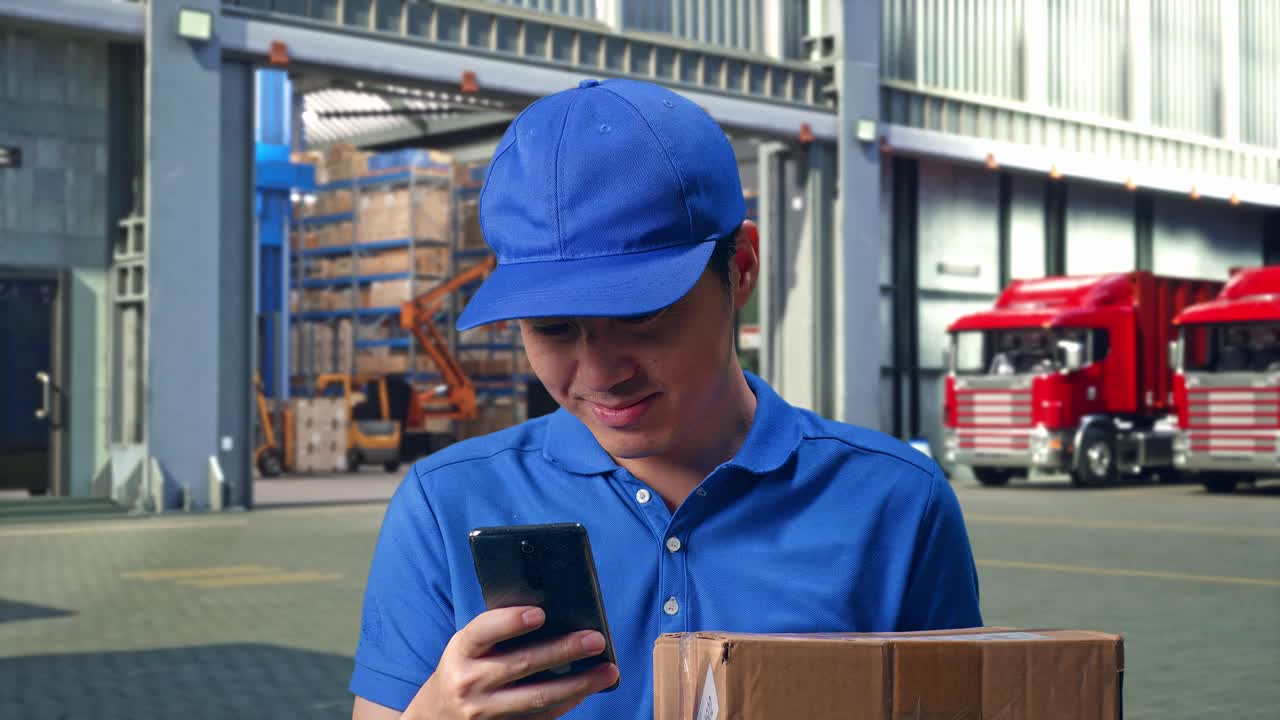 Close Up Of Asian male Courier In Blue Uniform Using Smartphone While Delivering A Carton, Outside of Logistics Distributions Warehouse